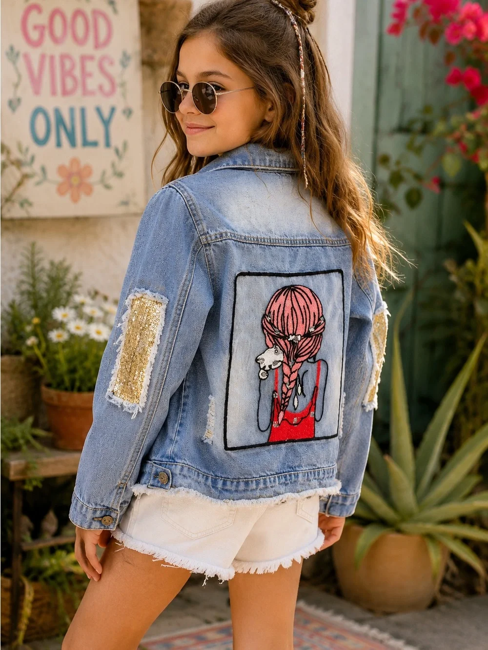 Girls Distressed Denim Jacket Size 140 Size 9-10 Embroidered Graphic Sequin Boho